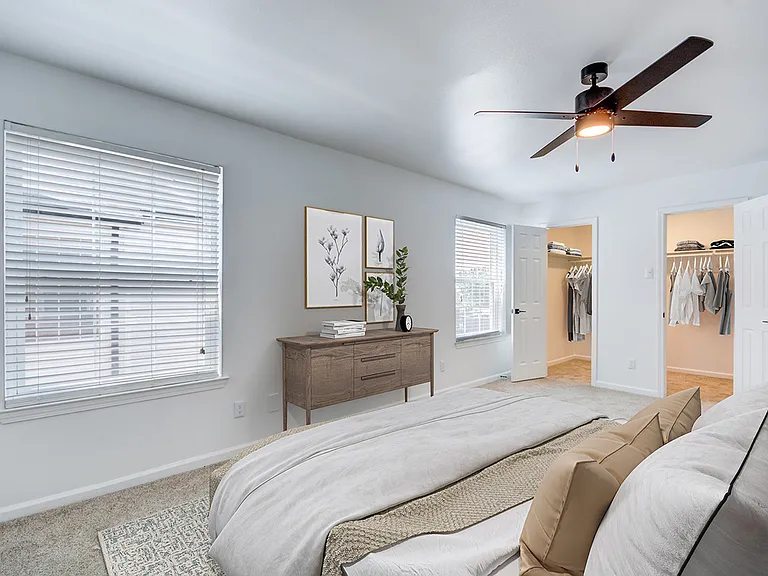 Step into comfort and style in this elegantly designed bedroom with ample storage. Step into comfort and style in this elegantly designed bedroom with ample storage.