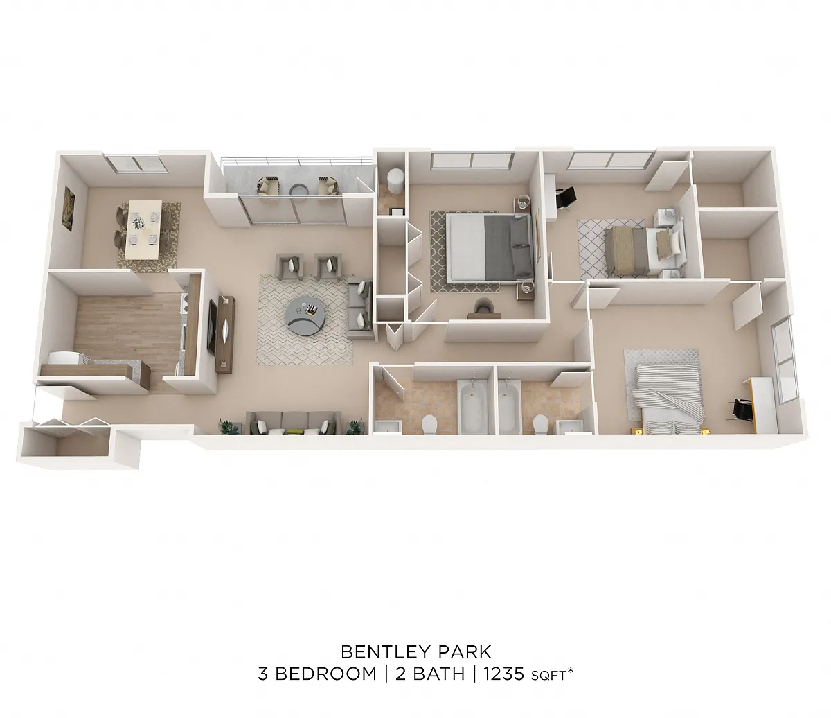 Floor plan Three Bedroom 2 Bath - 1,235 sqft