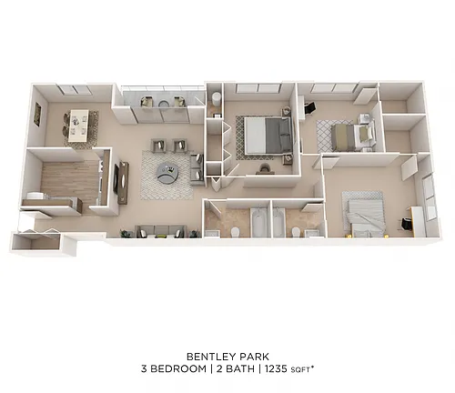 Floor plan Three Bedroom 2 Bath - 1,235 sqft