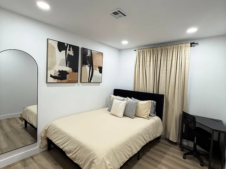 queen bed, work station, full length mirror