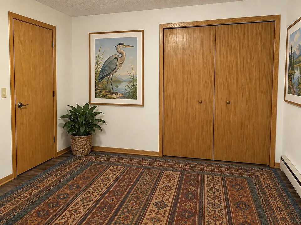 Bedroom fits a king bed. Good sized closet. Rug included