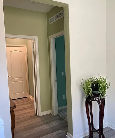 Bedroom on right. Never have to wander in the open to get to the bathroom.