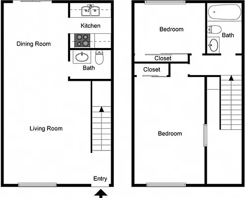 Floor plan 2 Bedroom 1.5 Bath Townhouse