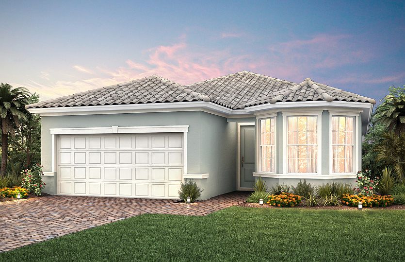 The Wyndham, a one-story family home with a 2 car garage, shown with Home Exterior FM2A