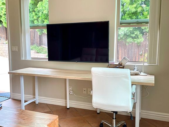 8 foot desk workspace, LG smart TV