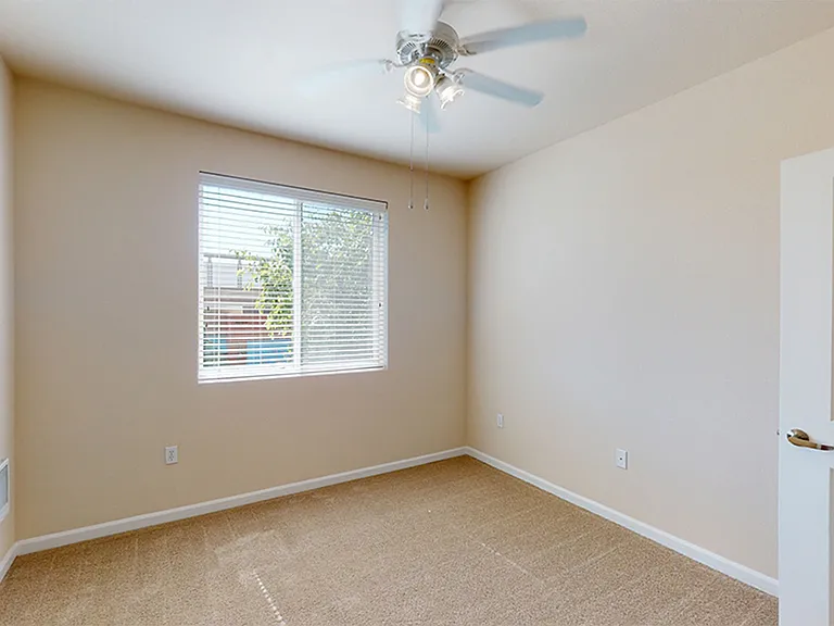 Spacious apartment bedroom with plush carpet flooring.