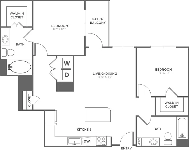 Floor plan Two Bedroom Two Bath (1,109 SF)