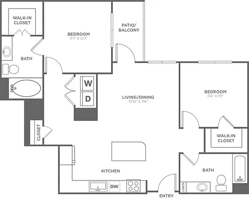 Floor plan Two Bedroom Two Bath (1,109 SF)