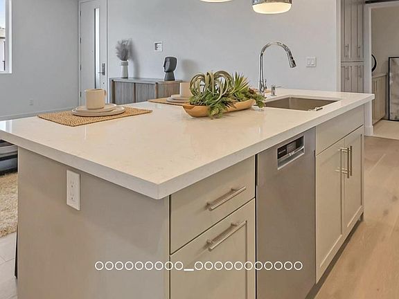 Kitchen, island and the living room. (Brochure photo. The unit has white cabinets)