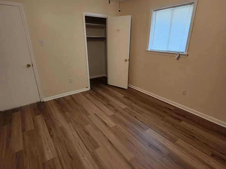 Left BR showing closet door, closet with hanger and shelving