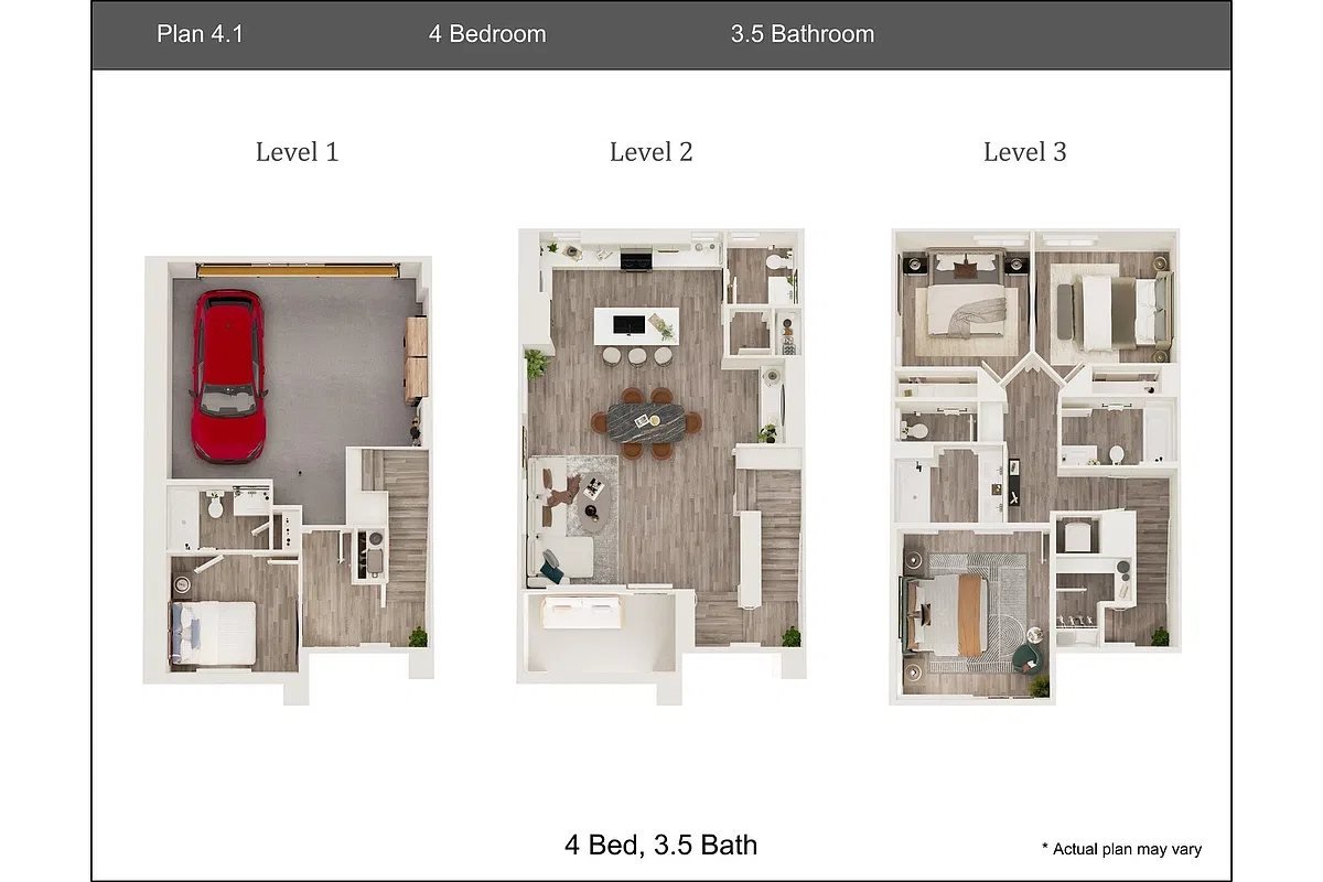 Floor plan 4 Bedroom, 3.5 Bath Townhouse Plan 4