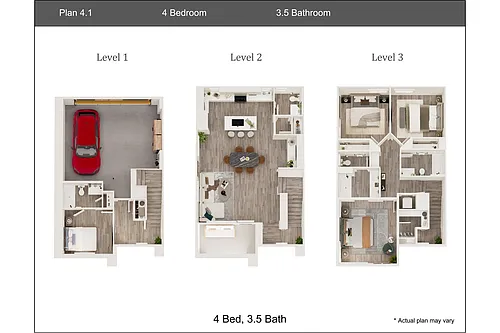 Floor plan 4 Bedroom, 3.5 Bath Townhouse Plan 4