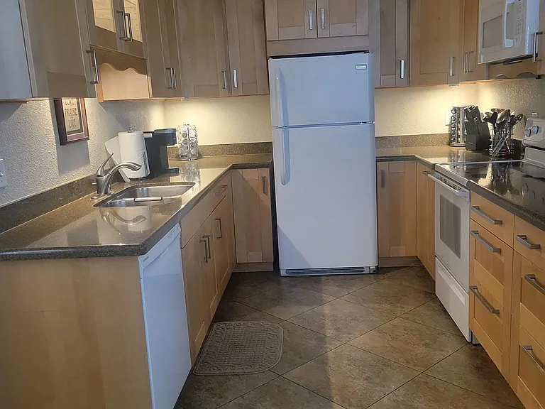View of kitchen. Fridge, dishwasher, and electric stove and oven.