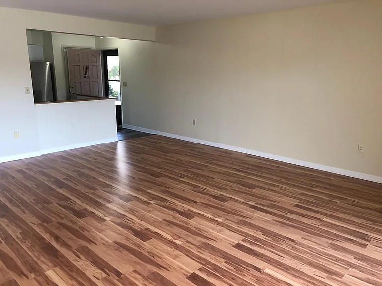 WIDE OPEN LIVING AREA VIEWED TOWARDS KITCHEN AND ENTRANCE DOOR