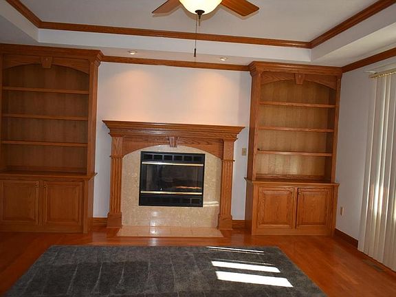 Fireplace flanked by built in book shelves