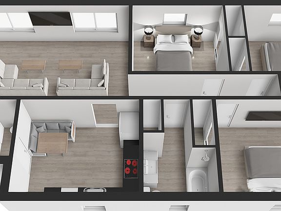 Upstairs. Should be used as a guide for a feel of the place, some details might not be exact (our couches are darker for example).