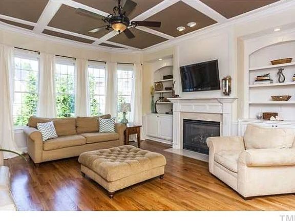 Family room has morning bay window and built-ins