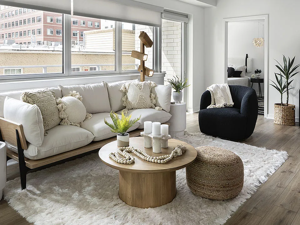 Apartment Living Room with wood floors.