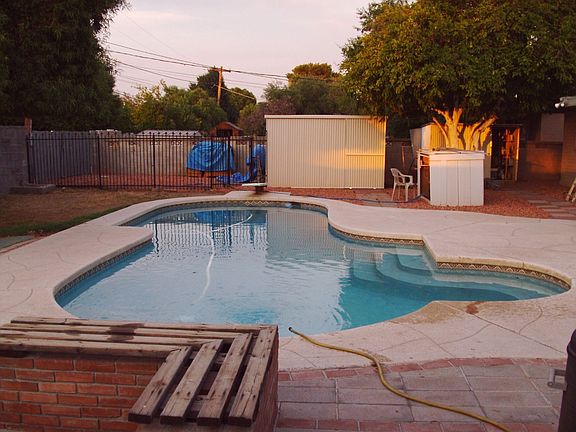 Centerpiece of this large backyard with fenced parking and sheds in background