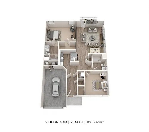 Floor plan Two Bedroom 2 Bath Ranch-style Townhome- 1,086 sqf