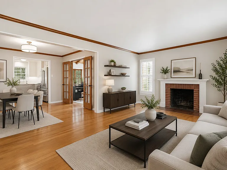 Living room with fireplace and dining room beyond