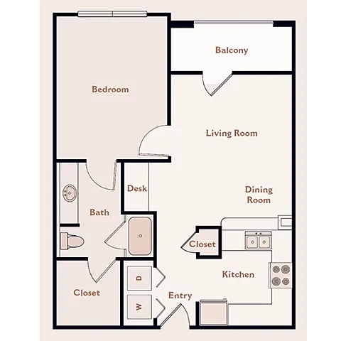 Floor plan The Chatsworth, 1 Bedroom 1 Bath