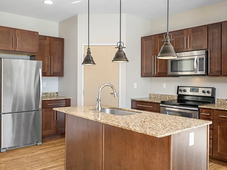 Modern kitchen with stainless steel appliances, elegant granite countertops, and rich wooden cabinetry under stylish pendant lighting. Modern kitchen with stainless steel appliances, elegant granite countertops, and rich wooden cabinetry under stylish pen