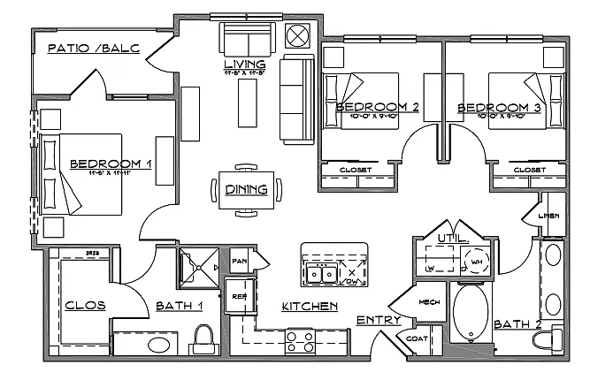Floor plan C1 - 3 Bed | 2 Bath | 60
