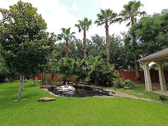 The backyard has a row of palm trees across the back fence and lots of other landscaping.