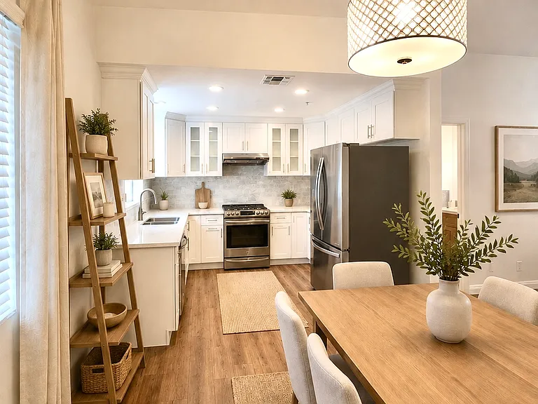 Updated kitchen including refrigerator, oven, and dishwasher. Furnished photos are virtually staged for reference. No furnishings are included with lease.