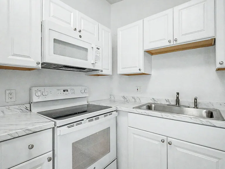 Kitchen equipped with range over, fridge, dishwasher and microwave.