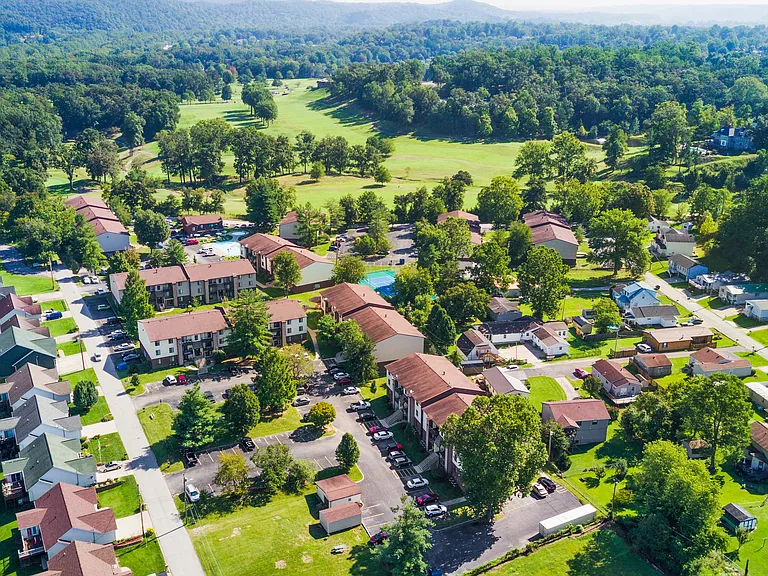 Aerial view of Country Club Apartments and Guyan Golf Course
