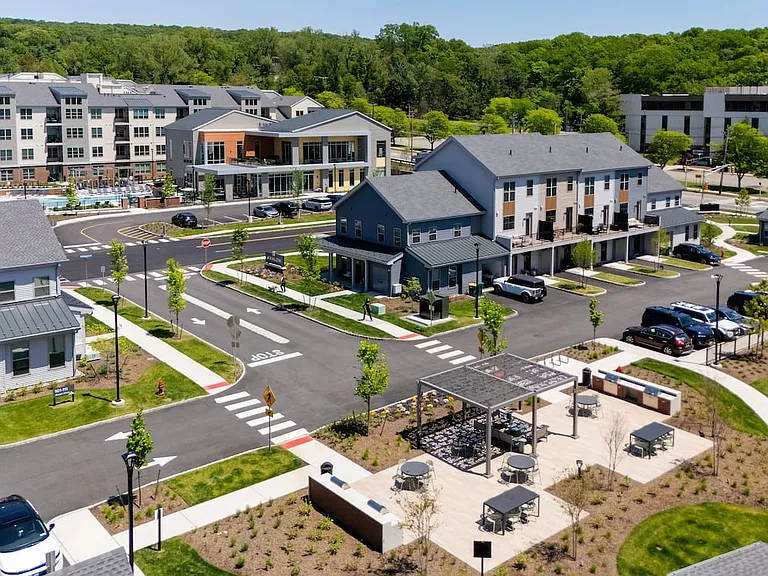 Aerial view of townhomes and courtyard