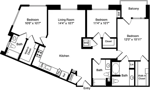 Floor plan Three Bed C2 with Balconies