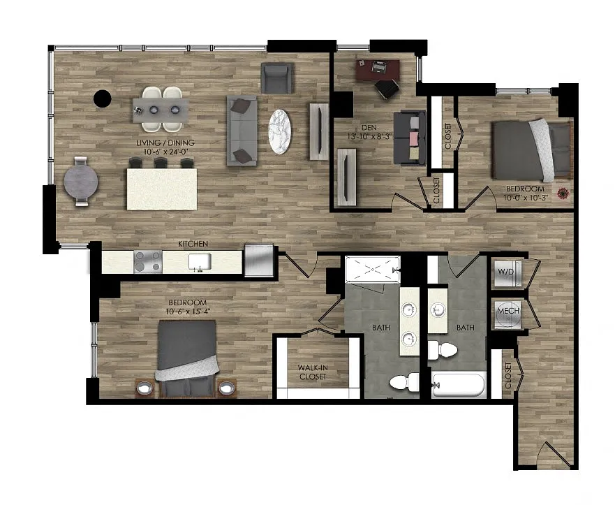 Floor plan 2 Bed/2 Bath Den-21W