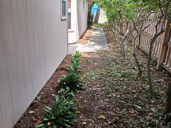 Walk way along the side of the house to the front door and backyard.