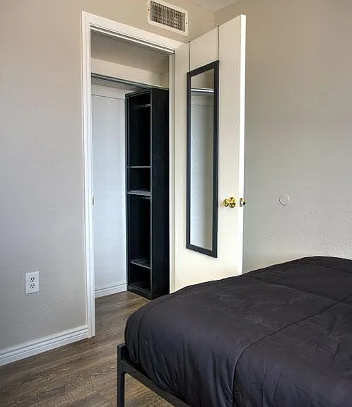 Shelving for folded clothes below clothes rod and mirror on the door.
