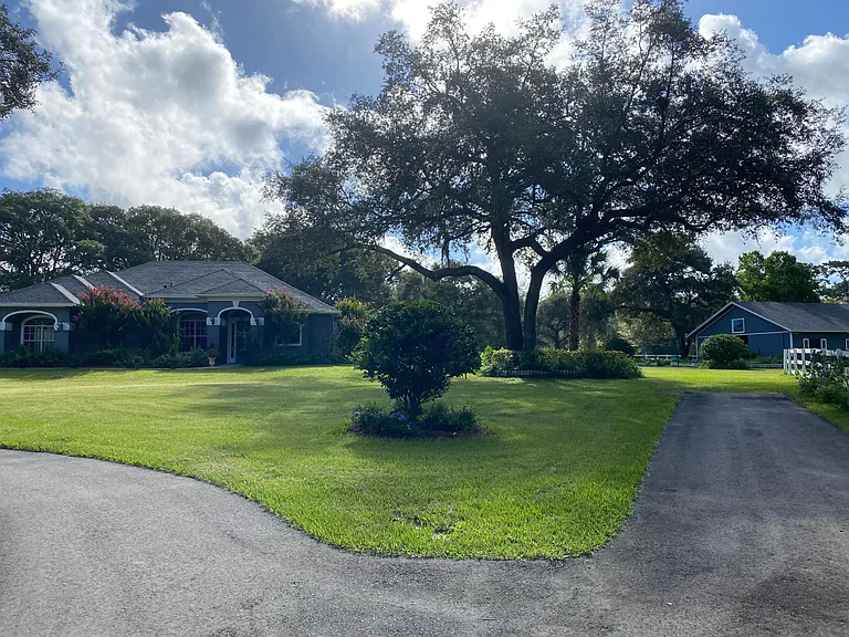 Newly black topped driveway splits towards the house, or the service area towards the barns.