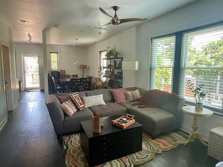 Open living and dining room with back door