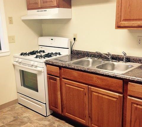 View of 1D Kitchen - Closeup showing gas stove, double sinks, counter and storage.
