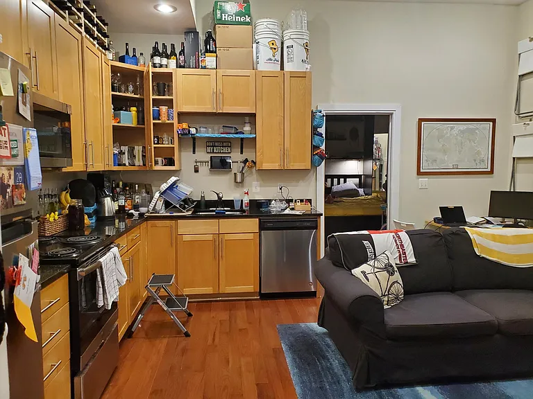 Kitchen to left with Living room to right, "Master" bedroom straight ahead