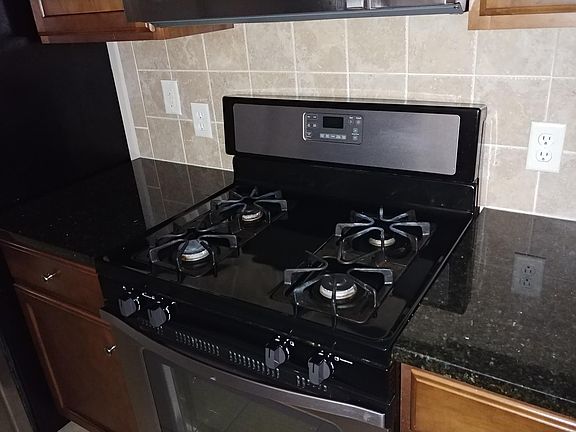 Gas stainless steel stove with granite counters.