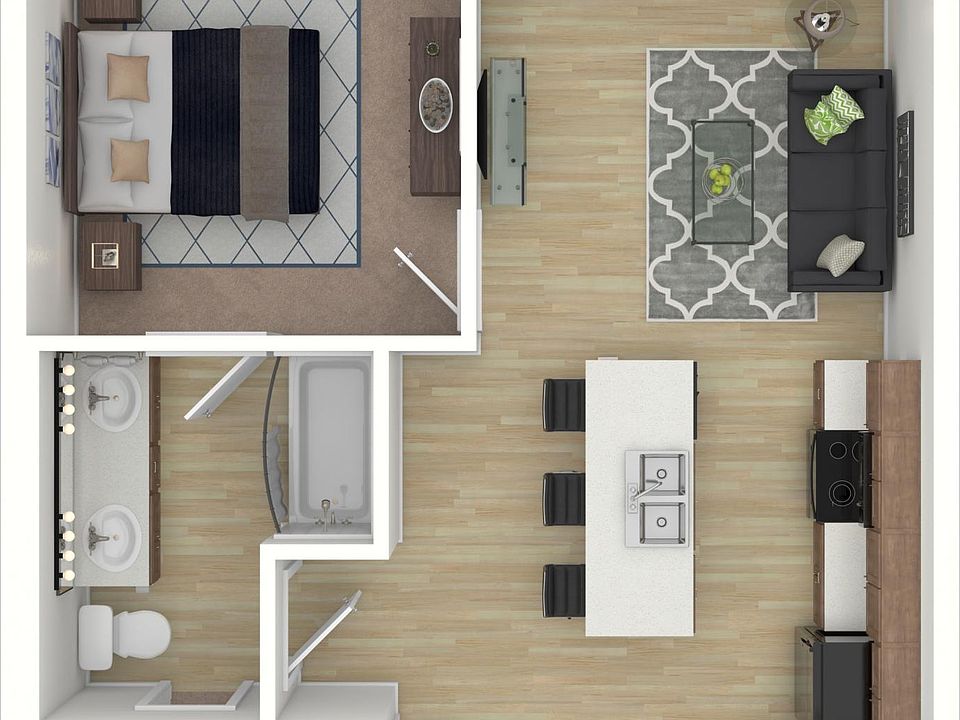 Crimson floor plan 715s.f with in unit washer/dryer, walk-in closet + walk-in pantry, quartz countertops, bathtub, double vanity + patio.