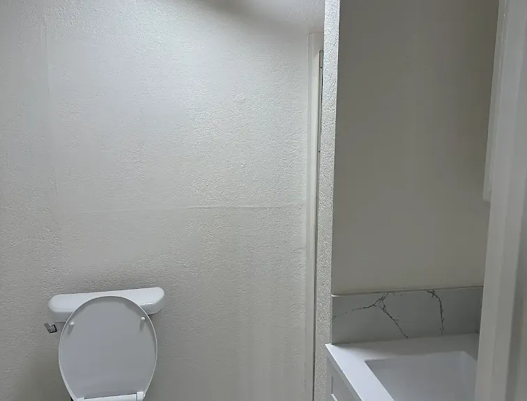 Ground level bathroom with shower stall besides toilet