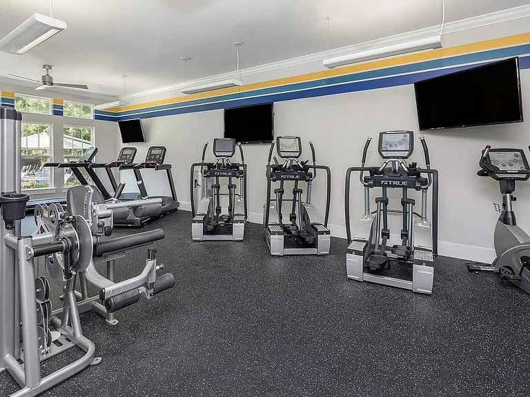 State-of-the-art fitness center with cardio equipment, strength training, and free weights24-hour gym access for active apartment living in Charlotte.
