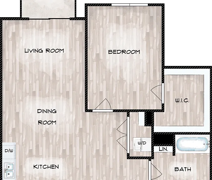 1 Bed 1 Bath D Floorplan Diagram