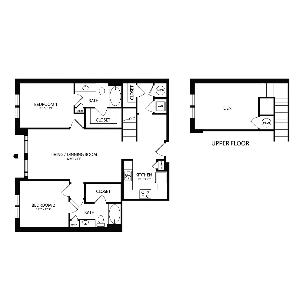 Floor plan 2 Bedroom + Loft, 2 Bath 1392 SF B1M