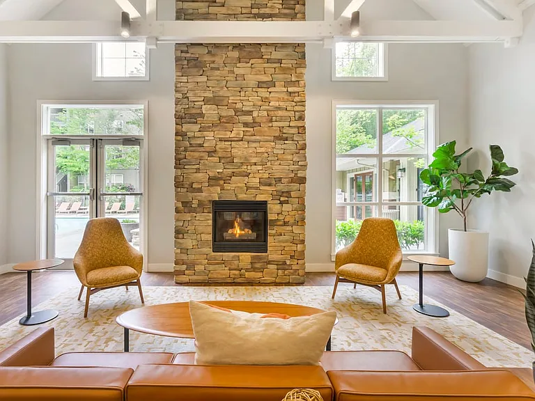 Lobby with lounge seating and fireplace