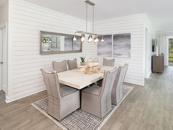 Dinning area with decorative lighting.