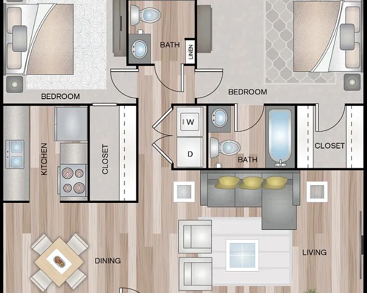 Two Bedrooms Two Baths 1077 SQFT
